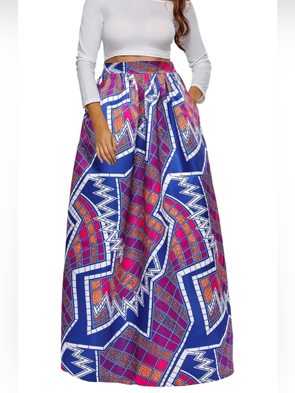 Bold Blue & Pink Geometric Maxi Skirt Medium like new